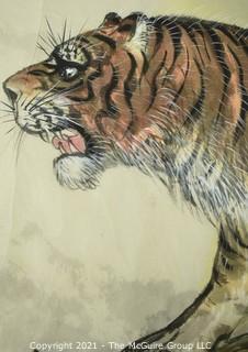 Unframed Asian Watercolor of Tigers on Tissue Paper with Chop Mark. Measures 26" x 42".