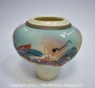 Native American Pottery Vase Painted and Signed By Artist with Signature on Base, Illegible. Measures 8" tall.