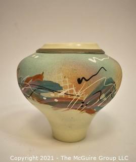 Native American Pottery Vase Painted and Signed By Artist with Signature on Base, Illegible. Measures 8" tall.