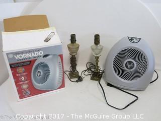 Collection including NIB "Vornado" heater; sold by The Sharper Image; and a pair of glass and brass table lamps 