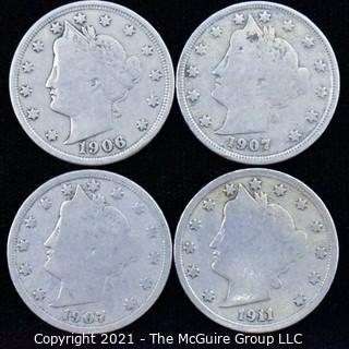 (4) Liberty V Nickel coins: 1906,07,07,11