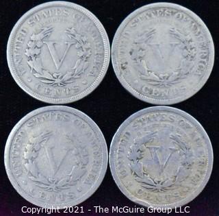 (4) Liberty V Nickel coins: 1906,07,07,11