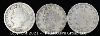 (3) Liberty V Nickel coins: 1906, 1908, 1911