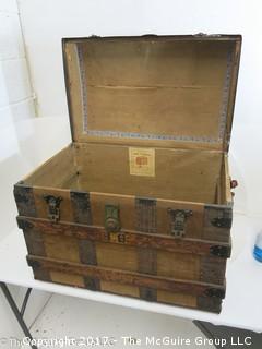 James S. Topham Steamer Trunk on casters low-camel back top; 18 x 29 x 22"T