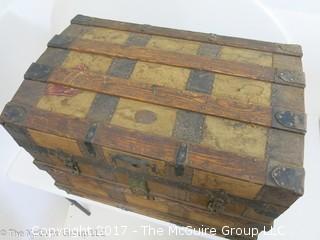 James S. Topham Steamer Trunk on casters low-camel back top; 18 x 29 x 22"T