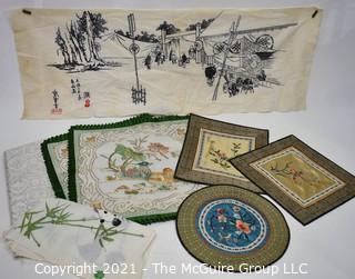 Group of Embroidered Asian Textiles and Banner.