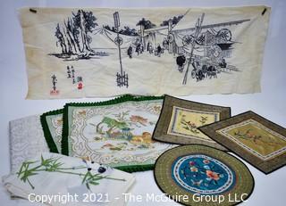 Group of Embroidered Asian Textiles and Banner.