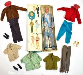 Vintage 1961 Blonde Ken Doll, Barbies Boyfriend, Stock No. 750  In Original Box with Pedestal and Group of Matching Mattel Made Clothes.