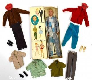 Vintage 1961 Blonde Ken Doll, Barbies Boyfriend, Stock No. 750  In Original Box with Pedestal and Group of Matching Mattel Made Clothes.