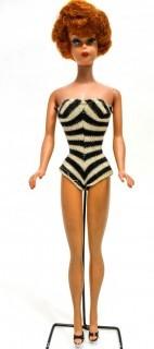 Vintage 1961 Brunette Bubblecut Barbie in Original Black & White Swimsuit