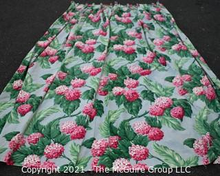 Vintage Mid Century Barkcloth Fabric Curtain for Cutting in Pink Hydrangeas. Measures 62" x 83" with pleats.