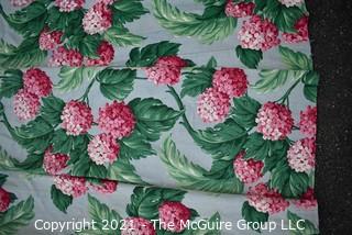 Vintage Mid Century Barkcloth Fabric Curtain for Cutting in Pink Hydrangeas. Measures 62" x 83" with pleats.