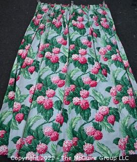 Vintage Mid Century Barkcloth Fabric Curtain for Cutting in Pink Hydrangeas. Measures 62" x 83" with pleats.