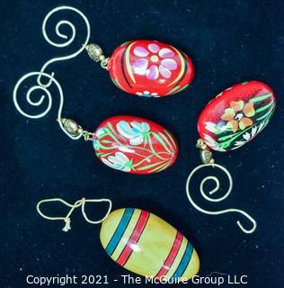 Four (4) Hand Painted Wooden Hanging Pysanky Easter Eggs