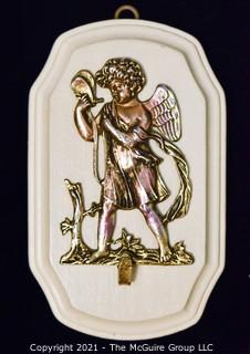 Wall Plaque with Applied Brass Cherub.   Measures 5" x 3"