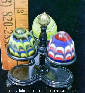 Three (3) Decorative Hand Blown Glass Eggs in Stand. 