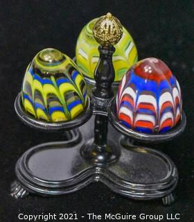 Three (3) Decorative Hand Blown Glass Eggs in Stand. 