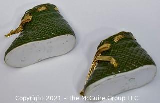 Green Ceramic Baby Shoes Marked Arnstadt Germany.