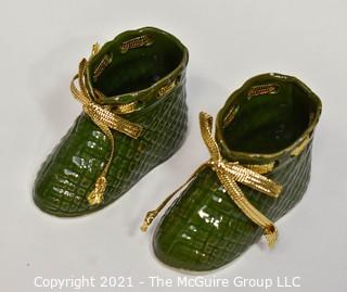 Green Ceramic Baby Shoes Marked Arnstadt Germany.