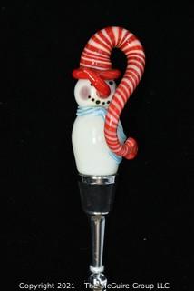 Hand Blown Glass Snowman Bottle Stopper. 