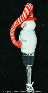 Hand Blown Glass Snowman Bottle Stopper. 