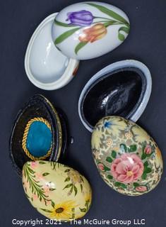 Three (3) Egg Shaped Trinket Boxes - 2 Lacquer and 1 Porcelain.