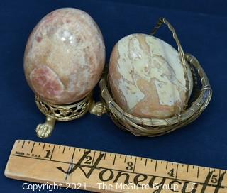 Two (2) Carved Marble Eggs with Stand and Basket.  