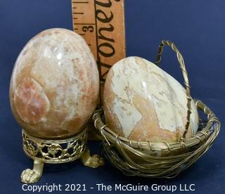 Two (2) Carved Marble Eggs with Stand and Basket.  