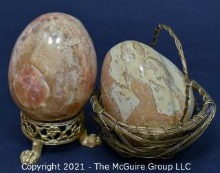 Two (2) Carved Marble Eggs with Stand and Basket.  