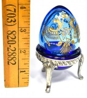 St. Petersburg Russia Hand Made Cobalt Blue & Gold Art Glass Egg on Stand.  Measures 3.5" tall. 