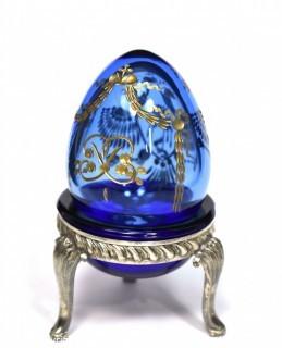 St. Petersburg Russia Hand Made Cobalt Blue & Gold Art Glass Egg on Stand.  Measures 3.5" tall. 