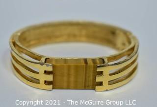 Gold Plated Clamp Style Bangle Bracelet with Tigers Eye Stone Center. 