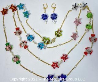 Lampwork Blown Glass Fish Beads on Chain Necklace with Matching Earrings.