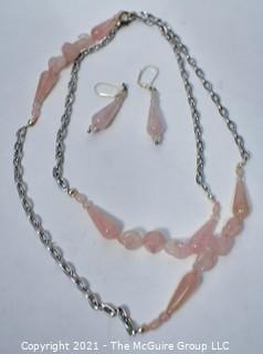 Pink Rose Quartz Bead with Chain Necklace and Matching Earrings.