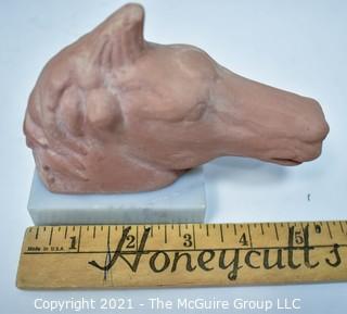 Horse Head Pottery Sculpture on Marble Base with Artist Stamp. 