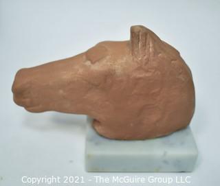 Horse Head Pottery Sculpture on Marble Base with Artist Stamp. 