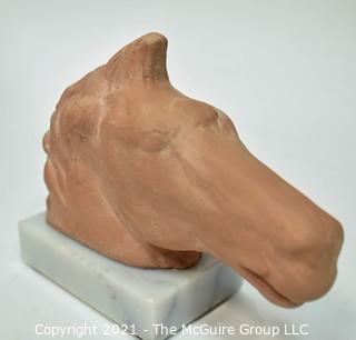 Horse Head Pottery Sculpture on Marble Base with Artist Stamp. 