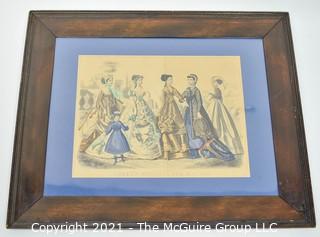 Framed Under Glass 1868 Godey's Fashions Hand-Colored Aquatint Print.  Measures 15" x 18".