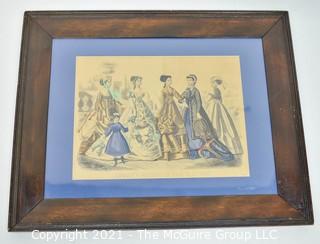 Framed Under Glass 1868 Godey's Fashions Hand-Colored Aquatint Print.  Measures 15" x 18".