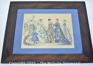 Framed Under Glass 1868 Godey's Fashions Hand-Colored Aquatint Print.  Measures 15" x 18".