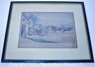 Framed Under Glass Colored Lithograph of "A Scene On The London To Brighton Road" J. Pollard, 1830.  Measures 18" x 22".