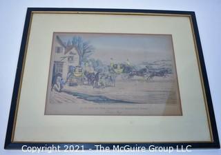 Framed Under Glass Colored Lithograph of "A Scene On The London To Brighton Road" J. Pollard, 1830.  Measures 18" x 22".