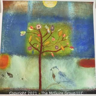 Unframed "Bird Greets Young Tree" Print by Artist Katherine Dunn, Sundance Catalog.  Measures 21" Square.