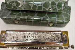 Vintage M. Hohner "Super Chromonica" Harmonica In Original Green Vinyl  Case  (Germany)