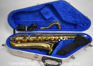 Saxophone: Buescher "Big "B" Aristrocrat"  Lacquered Tenor Sax, SN 329526 w/white Hiscox Pro II hard case. Mouthpiece sold separately in this auction.