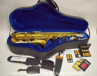 Saxophone: King Super 20 Tenor Sax, SN 352467 w/black soft case, many accessories. Mouthpiece sold separately in this auction.