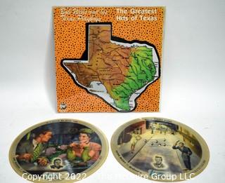 Vinyl Records: Three (3) Novelty Record grouping: Vogue Picture Discs x2 (78 rpm) and  Texas Map Disc (33.3 rpm)