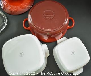 Chantal Red Enamel Cast Iron Enamelware Dutch Oven  and Two White Martha Stewart Casseroles.