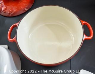 Chantal Red Enamel Cast Iron Enamelware Dutch Oven  and Two White Martha Stewart Casseroles.