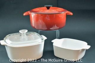 Chantal Red Enamel Cast Iron Enamelware Dutch Oven  and Two White Martha Stewart Casseroles.